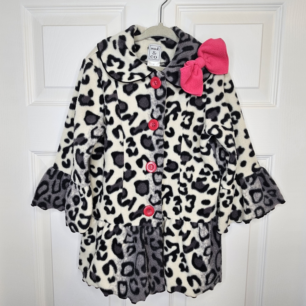 NWOT Girls Leopard Print Fleece Jacket Cream Gray Pink Bow Ruffle Hem 3T